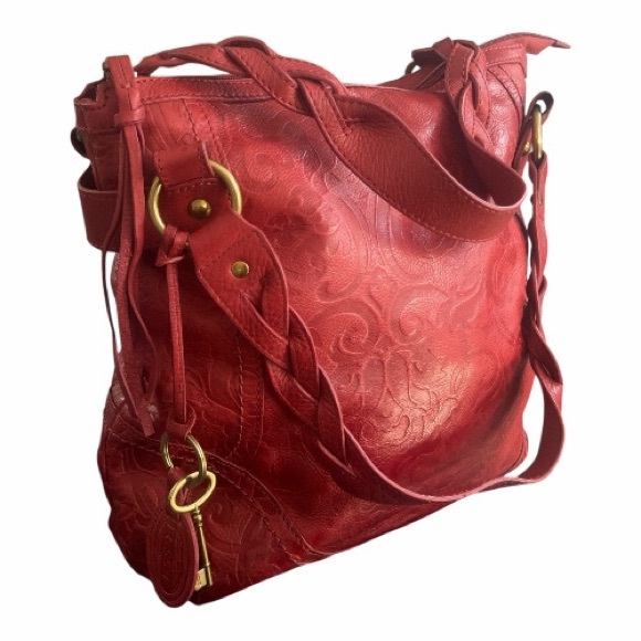 Fossil Red Vintage Long Live Vintage Leather Hobo Bag W/Gold accents and Tassels - Picture 10 of 11